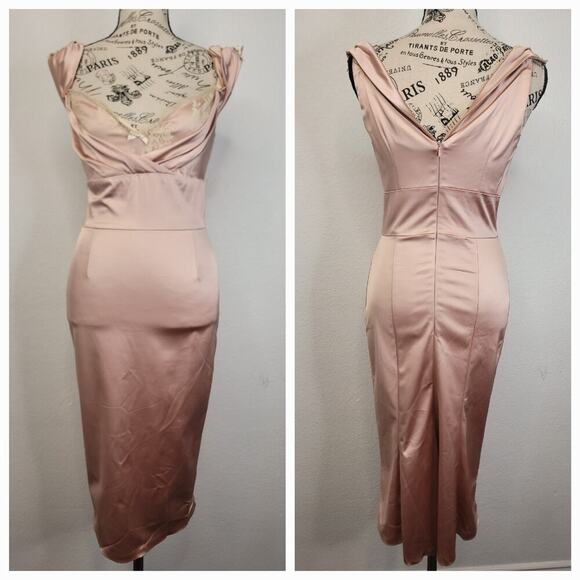 Diva Corsets Bodycon Midi Dress Sz Small Satin Blush Lace Trim Regencycore Fairy - Picture 1 of 10